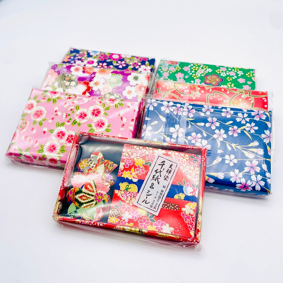 Yuzen Origami 6x6cm 20 sheets & Yuzen Sticke 20 piecces with Tray