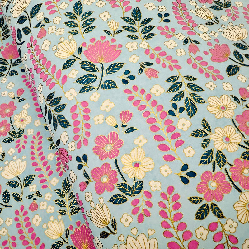 Japanese Yuzen Washi Paper - Flowers - Blue, Pink - Y1304