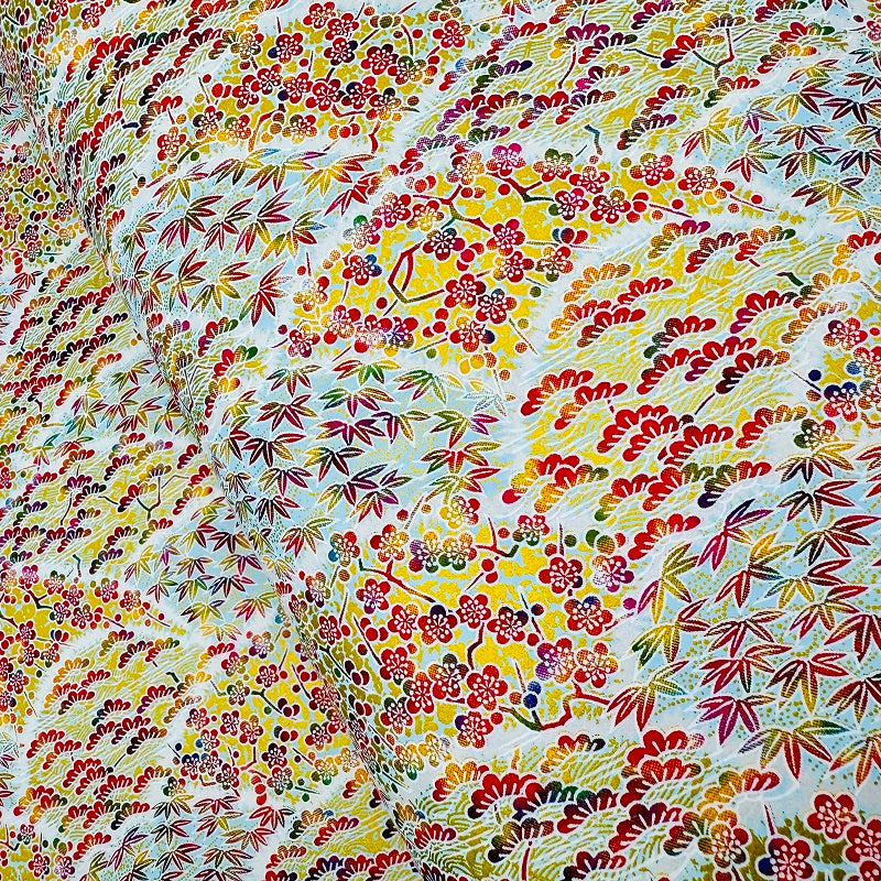 Japanese Yuzen Washi Paper - Pine, Bamboo &Plum blossoms - Light Blue - Y1316