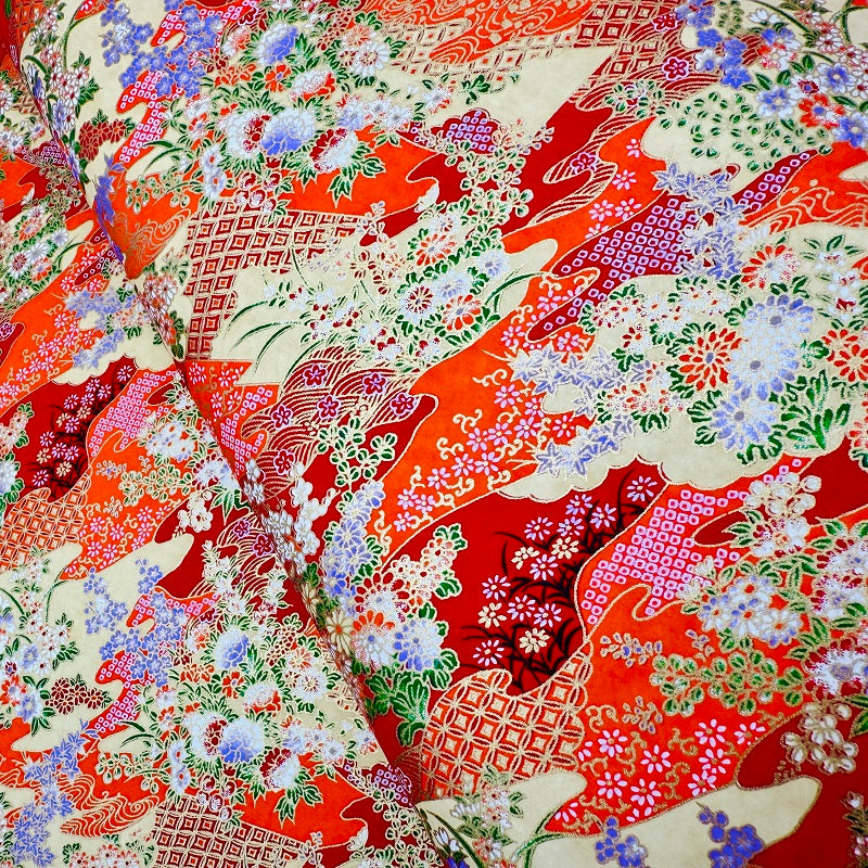 Japanese Yuzen Washi Paper - Flowers, Traditional patterns- Vermilion - Y1317