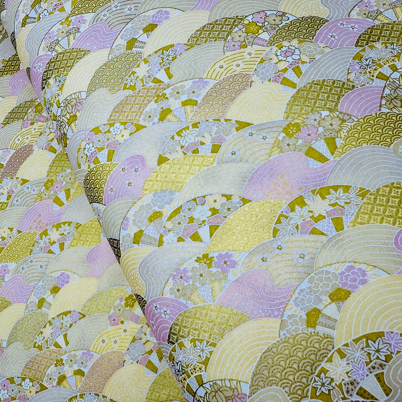 Japanese Yuzen Washi Paper - Waves - Gold, Pink - Y1318