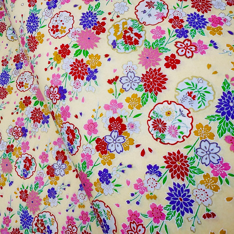 Japanese Yuzen Washi Paper - Kimono Flowers -Cream - Y1337