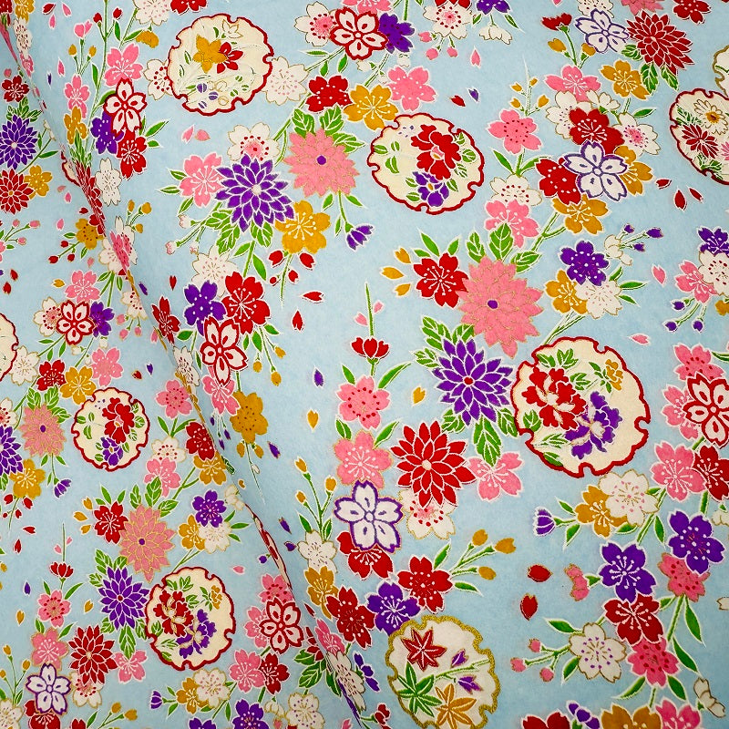 Japanese Yuzen Washi Paper - Kimono Flowers - Light Blue - Y1338