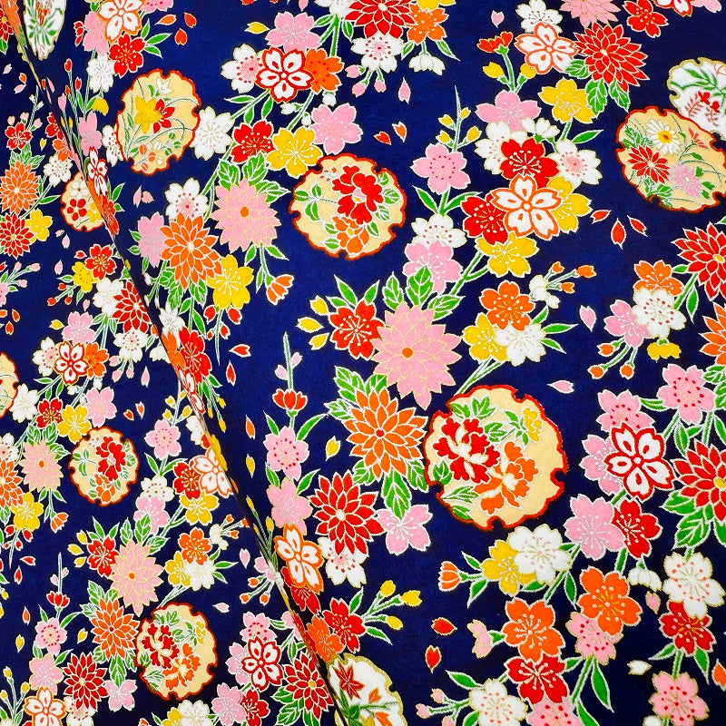 Japanese Yuzen Washi Paper - Kimono Flowers - Dark Blue - Y1339