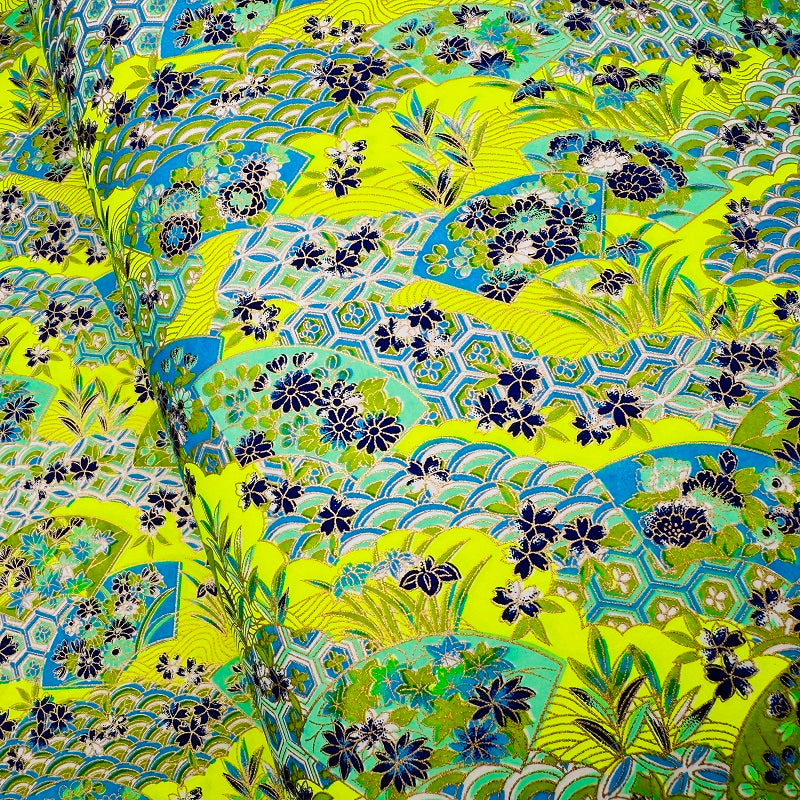 Japanese Yuzen Washi Paper - Traditional Floral pattern - Neon Yellow - Y1368