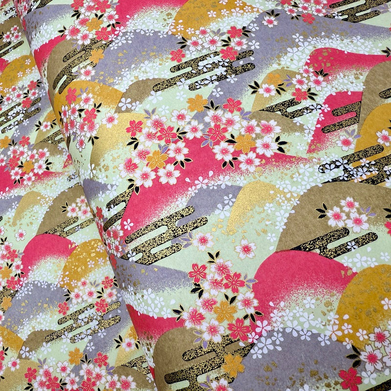 Japanese Yuzen Washi Paper - Mountains and Cherry blossoms - Light Green, Pink - Y1382