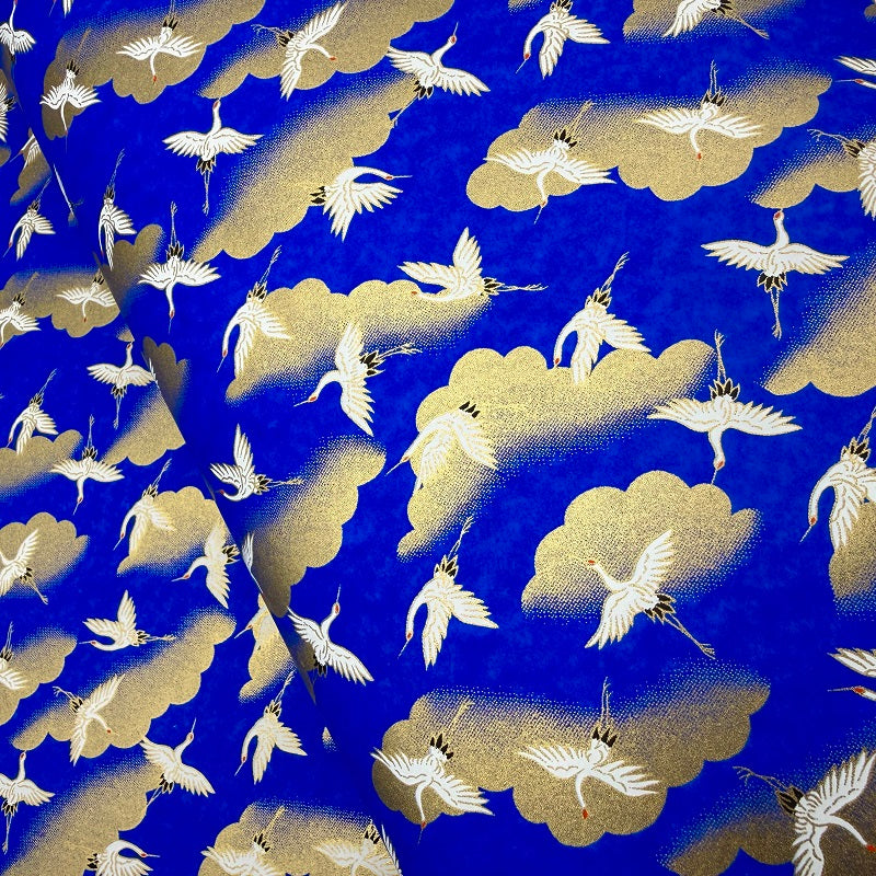 Japanese Yuzen Washi Paper - Cranes, Clouds - Roral Blue - Y1387