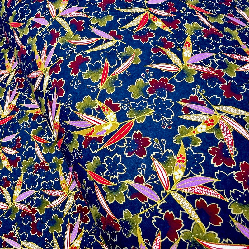 Japanese Yuzen Washi Paper - Leaves & Cherry blossoms - Navy blue - Y1394