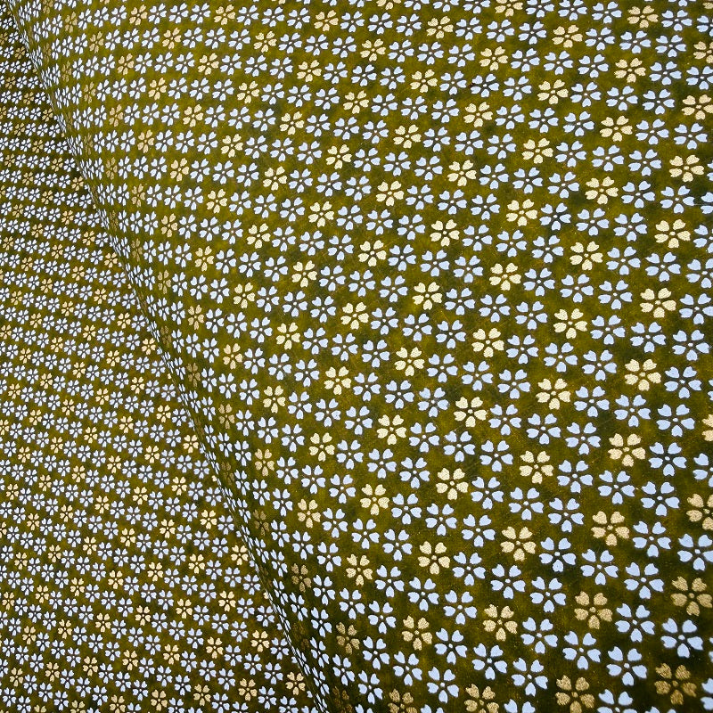 Japanese Yuzen Washi Paper - Small floral - White, Gold, Matcha Green - Y1406