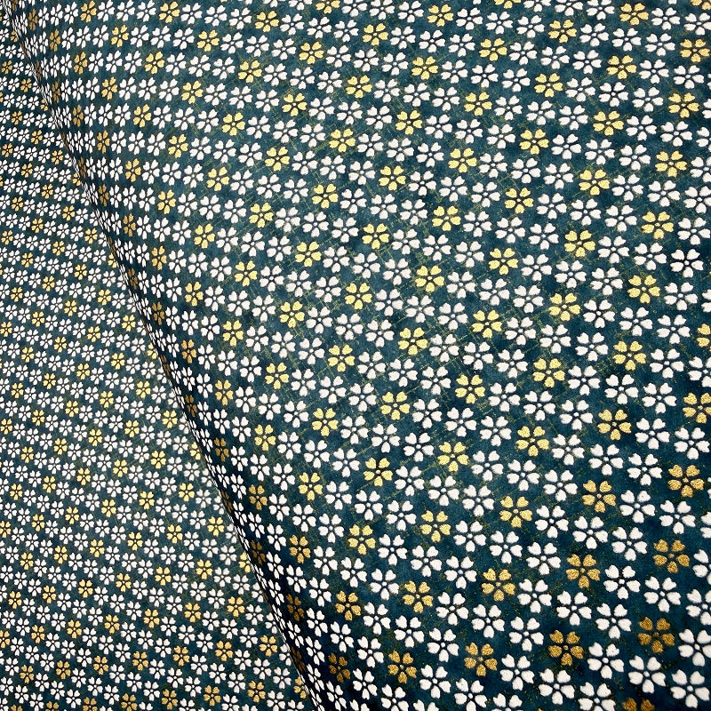 Japanese Yuzen Washi Paper - Small floral - White, Gold, Blue - Y1407