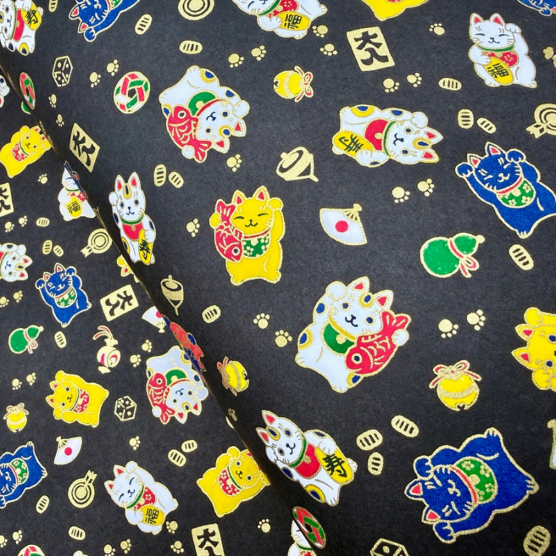 Japanese Yuzen Washi Paper - Maneki Neko Cat - Black - Y1412