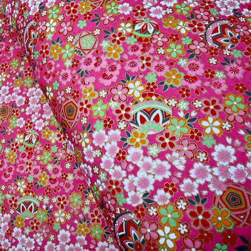 Japanese Yuzen Washi Paper - Flowers & Temari - Pink - Y1415