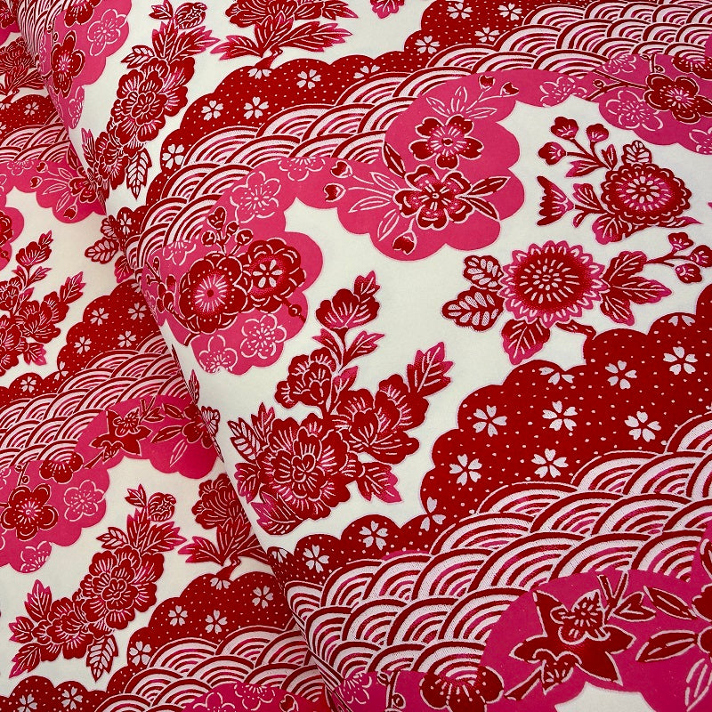 Japanese Yuzen Washi Paper - Flowers with Seigaiha - Red, Pink, Cream - Y1420