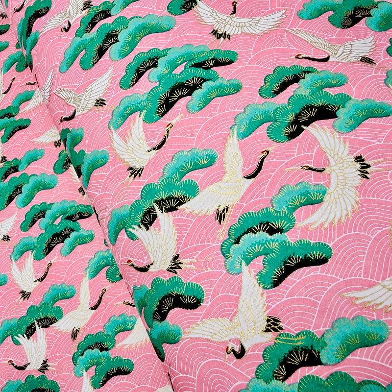 Japanese Yuzen Washi Paper - Cranes & Pine tree - Pink - Y1422