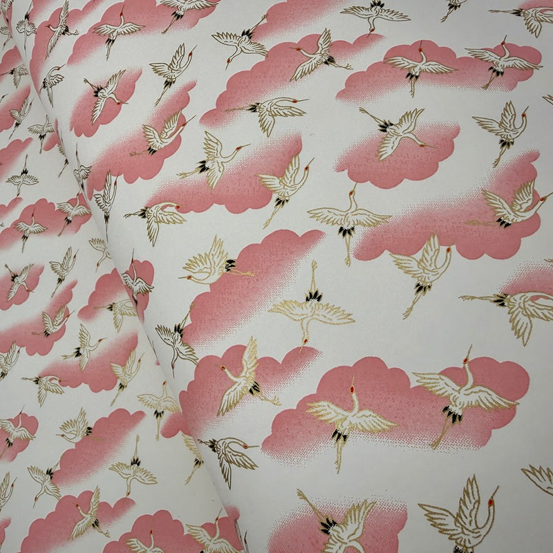 Japanese Yuzen Washi Paper - Cranes with Pink Cluds - White - Y1426