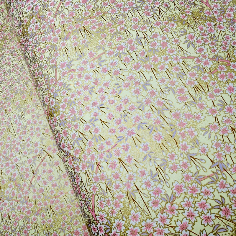 Japanese Yuzen Washi Paper - Weeping Cherry blossoms - Cream, Pink - Y1427