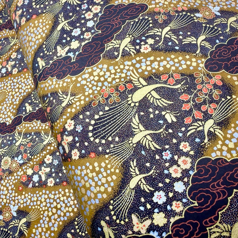 Japanese Yuzen Washi Paper - Phoenix - Black, Mustard - Y1432