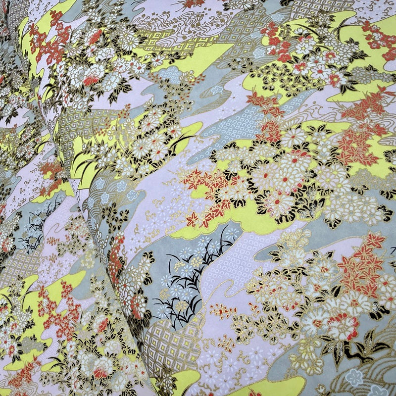 Japanese Yuzen Washi Paper - Traditioal Yuzen Pattern - Pink, Cream - Y1434