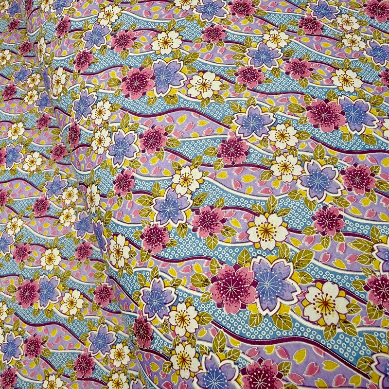 Japanese Yuzen Washi Paper - Pastel Cherry Blossoms - Pink, Purple, Light Blue - Y1437