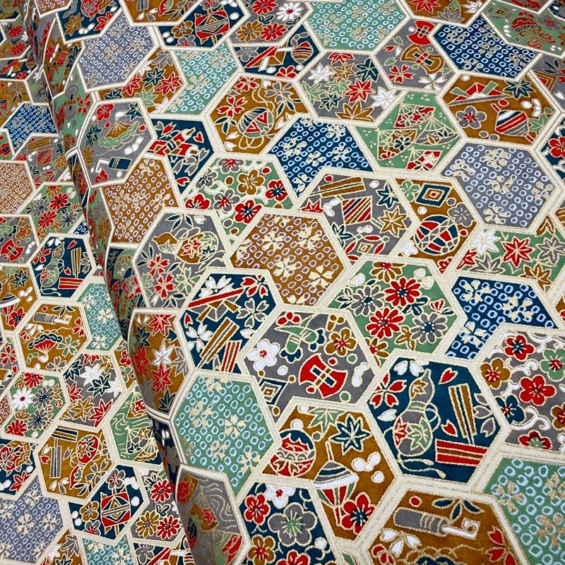 Japanese Yuzen Washi Paper - Japanese Traditional Motifs in Hexagon - Blue, Green, Mustard, ,Grey - Y1441