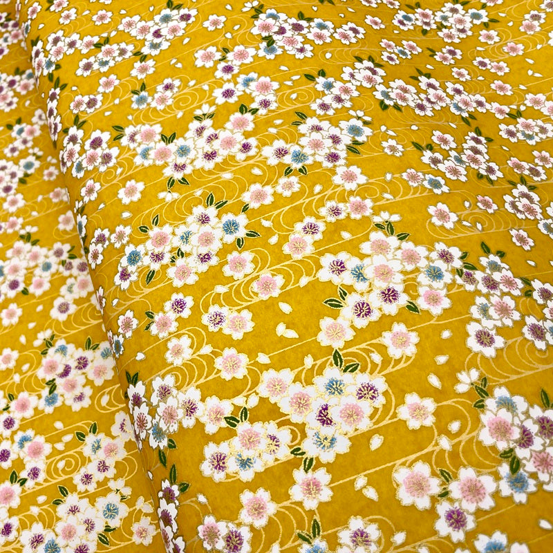 Japanese Yuzen Washi Paper -Cherry Blossoms & Flowing Water - Mustard Yellow - Y1463
