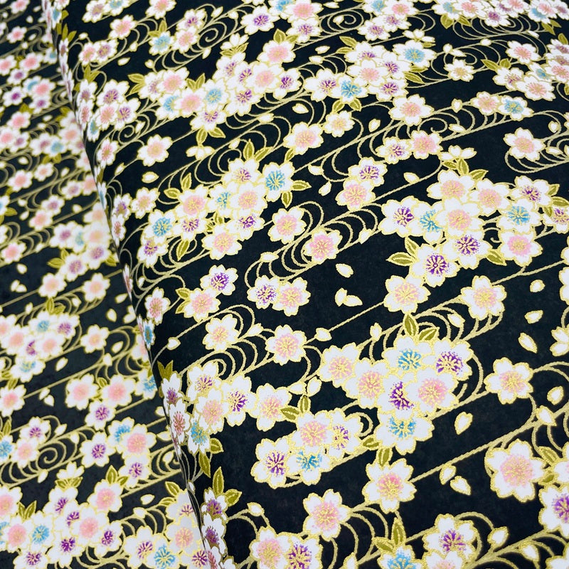 Japanese Yuzen Washi Paper -Cherry Blossoms & Flowing Water - Black - Y1464