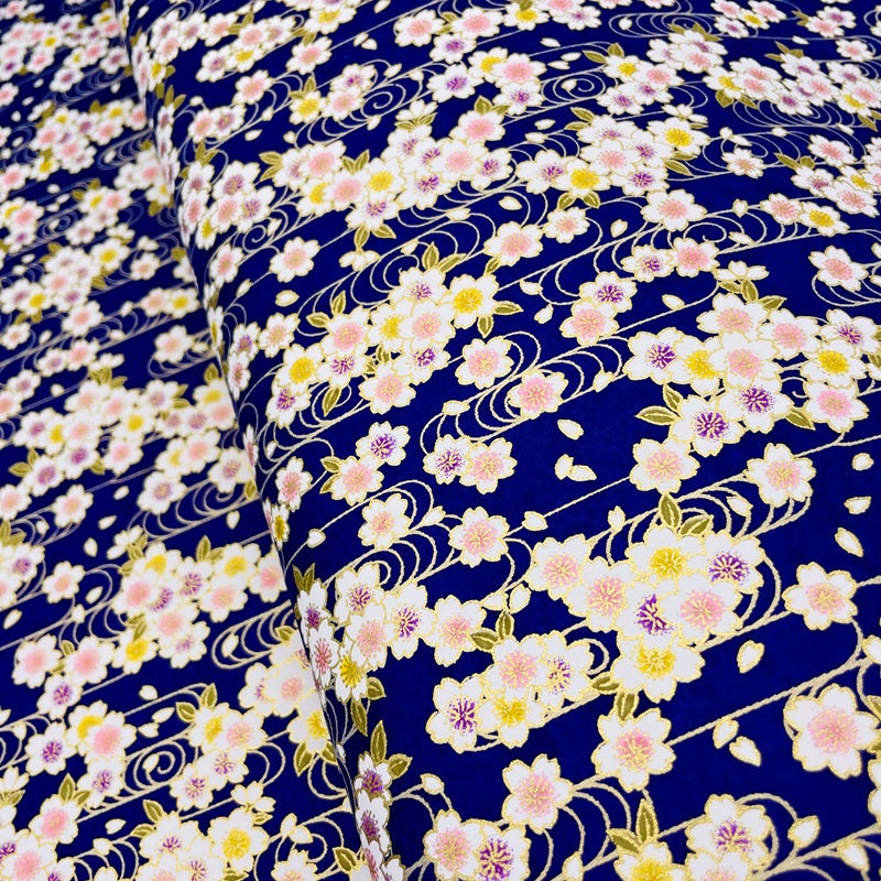 Japanese Yuzen Washi Paper -Cherry Blossoms & Flowing Water - Navy Blue - Y1466