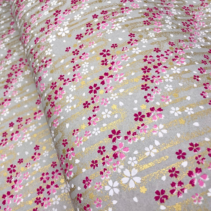 Japanese Yuzen Washi Paper -Cherry Blossoms in Golden Mist - Light Grey - Y1468