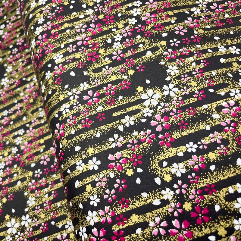 Japanese Yuzen Washi Paper -Cherry Blossoms in Golden Mist - Black - Y1469