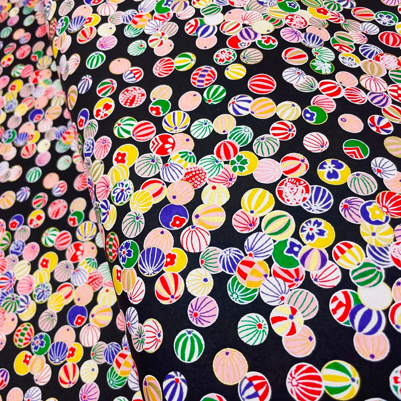 Japanese Yuzen Washi Paper -Colorful Temari Balls - Black - Y1474