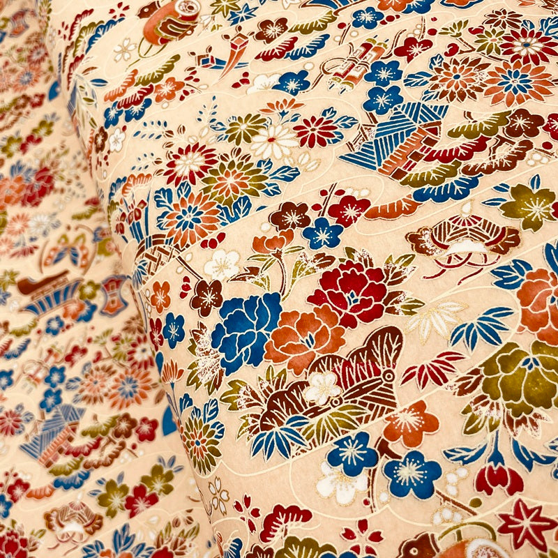 Yuzen Washi - Bingata Style Floral Design - Beige - Y1478