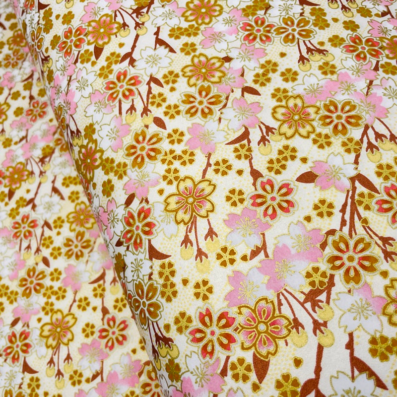 Yuzen Washi - Cherry Blossoms - Pearl White, Pink, Gold, Brown - Y1484