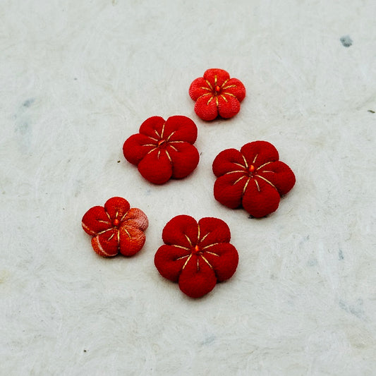 Vintage Kimono Fabric Plum Blossom Handmade Parts - Red