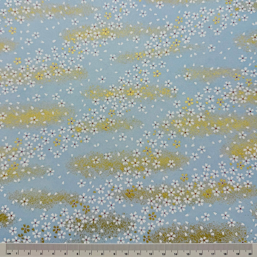 Japanese Yuzen Washi Paper - Cherry Blossoms Shower - Light Blue - YQ1301 - 1/4 size