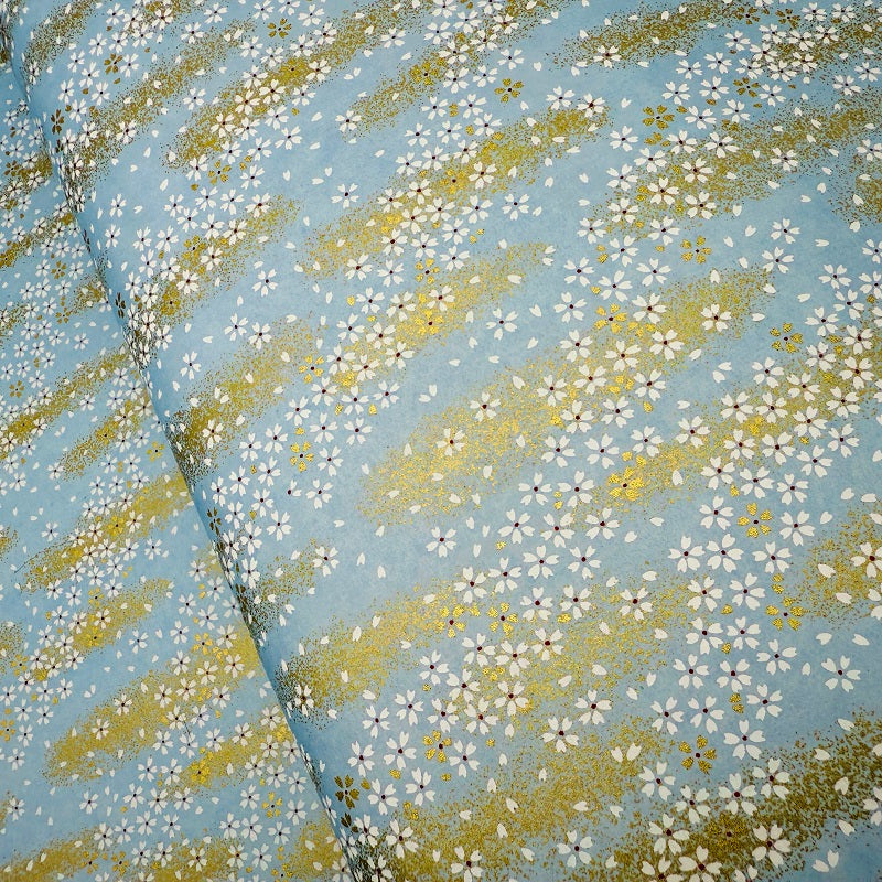 Japanese Yuzen Washi Paper - Cherry Blossoms Shower - Light Blue - YQ1301 - 1/4 size