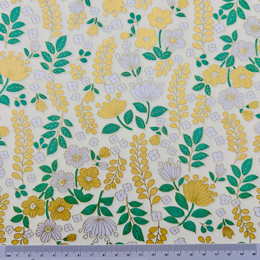 Japanese Yuzen Washi Paper - Flowers - Cream, Gold - Y1303