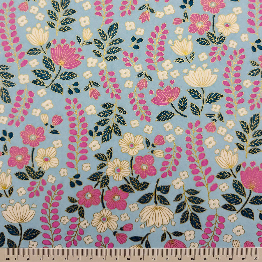 Japanese Yuzen Washi Paper - Flowers - Blue, Pink - Y1304