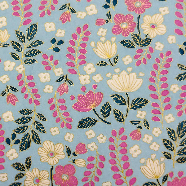 Japanese Yuzen Washi Paper - Flowers - Blue, Pink - Y1304