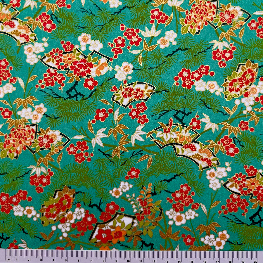 Japanese Yuzen Washi Paper - Flowers, Pine Tree - Green - Y1307