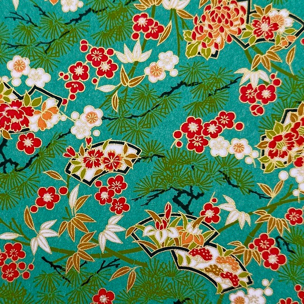Japanese Yuzen Washi Paper - Flowers, Pine Tree - Green - Y1307