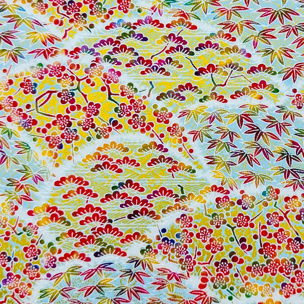 Japanese Yuzen Washi Paper - Pine, Bamboo ＆Plum blossoms - Light Blue - Y1316