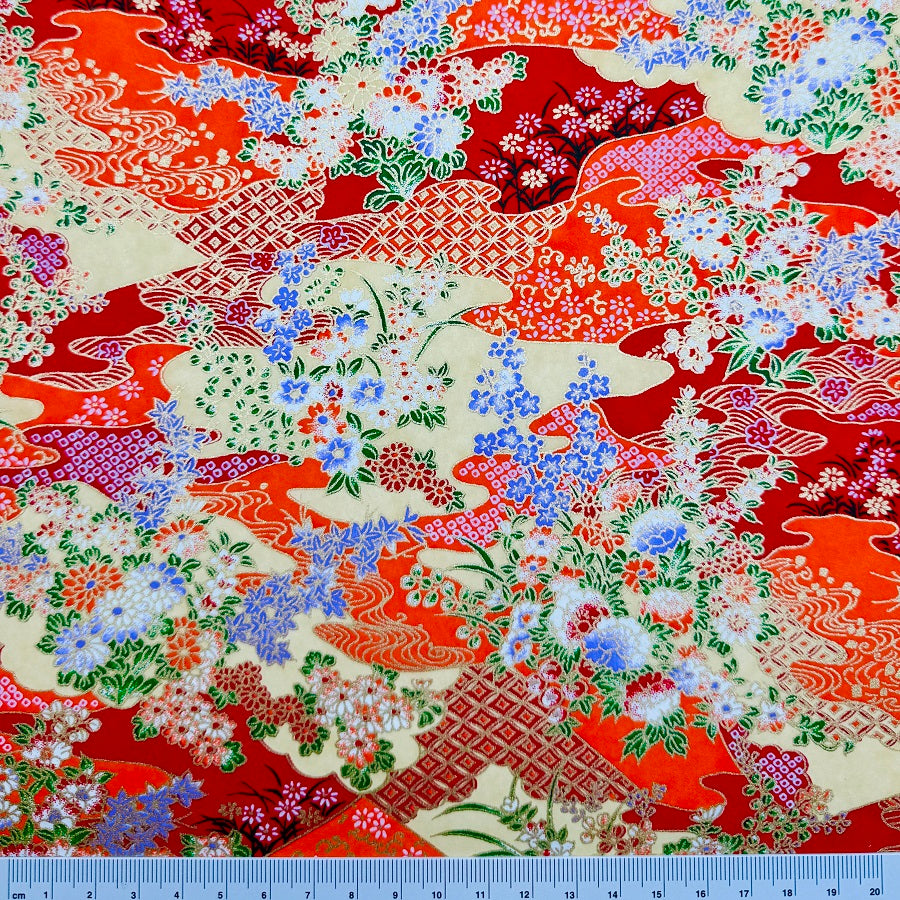 Japanese Yuzen Washi Paper - Flowers, Traditional patterns- Vermilion - Y1317