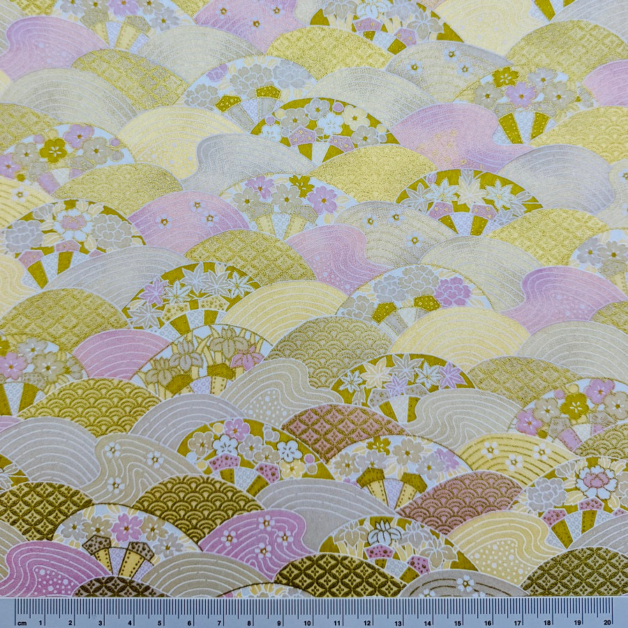Japanese Yuzen Washi Paper - Waves - Gold, Pink - Y1318