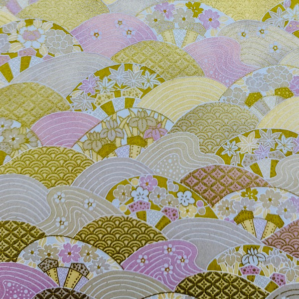 Japanese Yuzen Washi Paper - Waves - Gold, Pink - Y1318