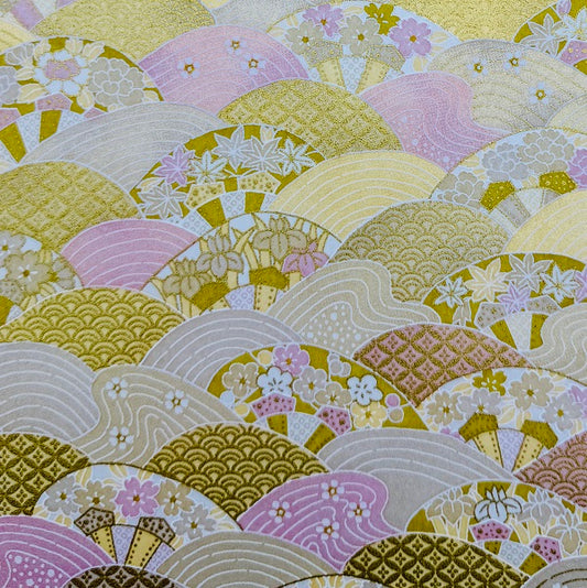 Japanese Yuzen Washi Paper - Waves - Gold, Pink - Y1318