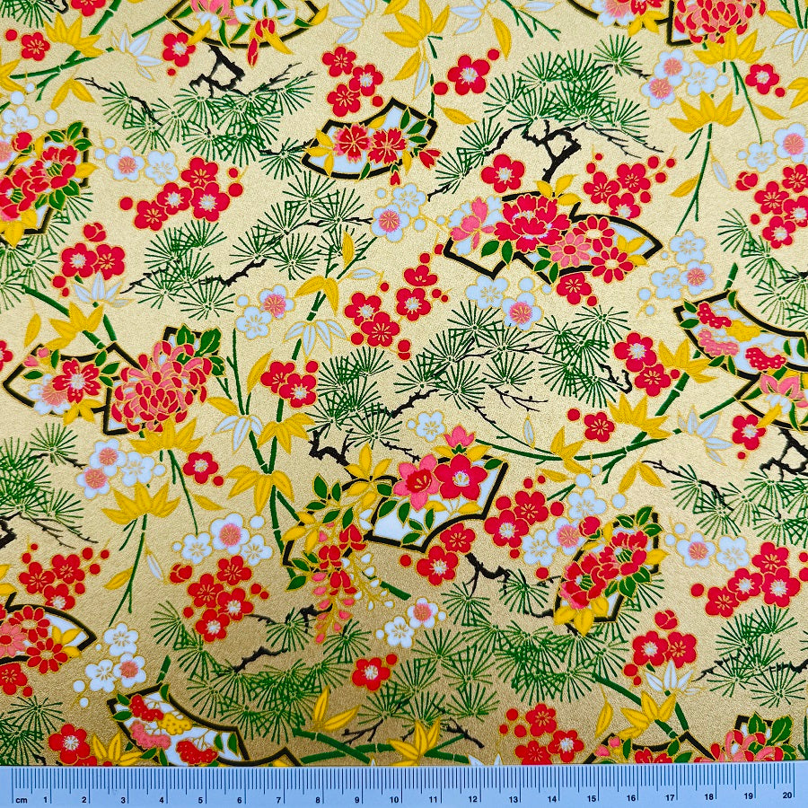 Japanese Yuzen Washi Paper - Flowers, Pine Tree - Gold - Y1320