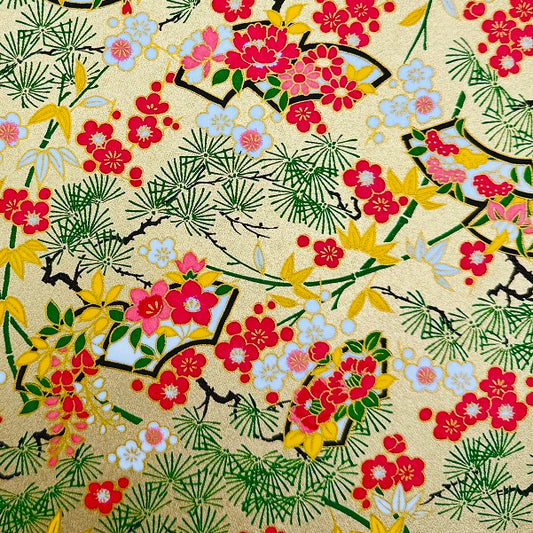 Japanese Yuzen Washi Paper - Flowers, Pine Tree - Gold - Y1320