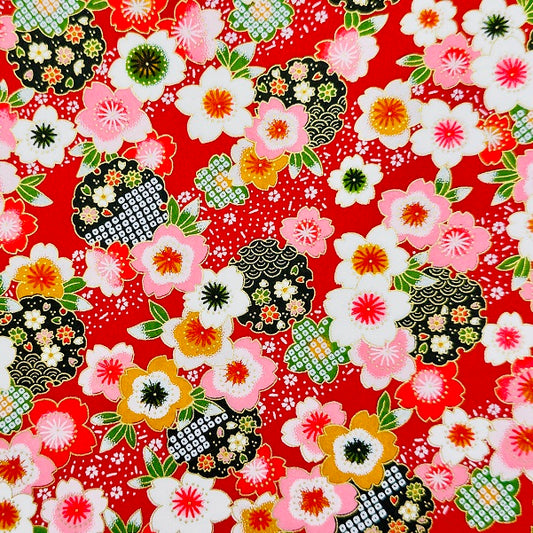 Japanese Yuzen Washi Paper - Vibrant Flowers- Red - Y1321