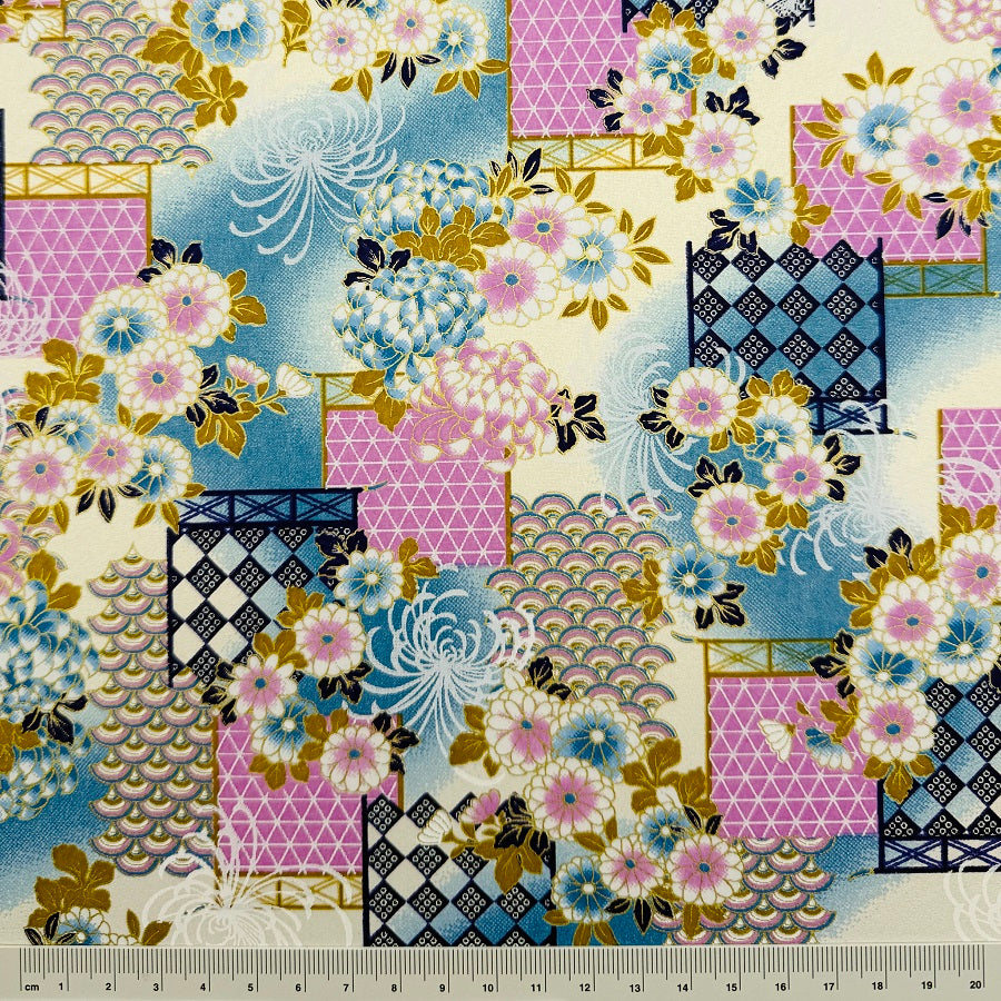 Japanese Yuzen Washi Paper - Chrysanthemums with Screen- Blue and Purple - Y1325