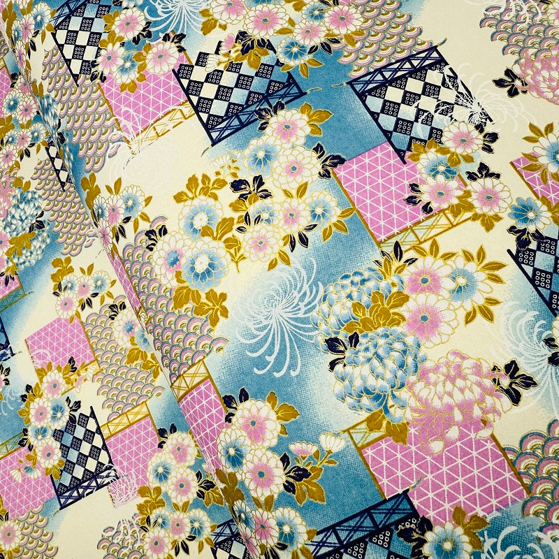 Japanese Yuzen Washi Paper - Chrysanthemums with Screen- Blue and Purple - Y1325